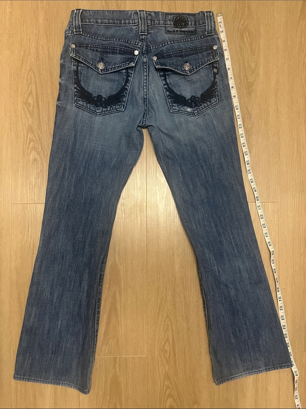Rock Republic y2k Women's Washed Flare Jeans with Angel Wing Embroidered Pockets